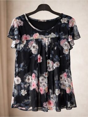 Furnex Floral Blouse Size XL | Sheer Black Pink Flow Top